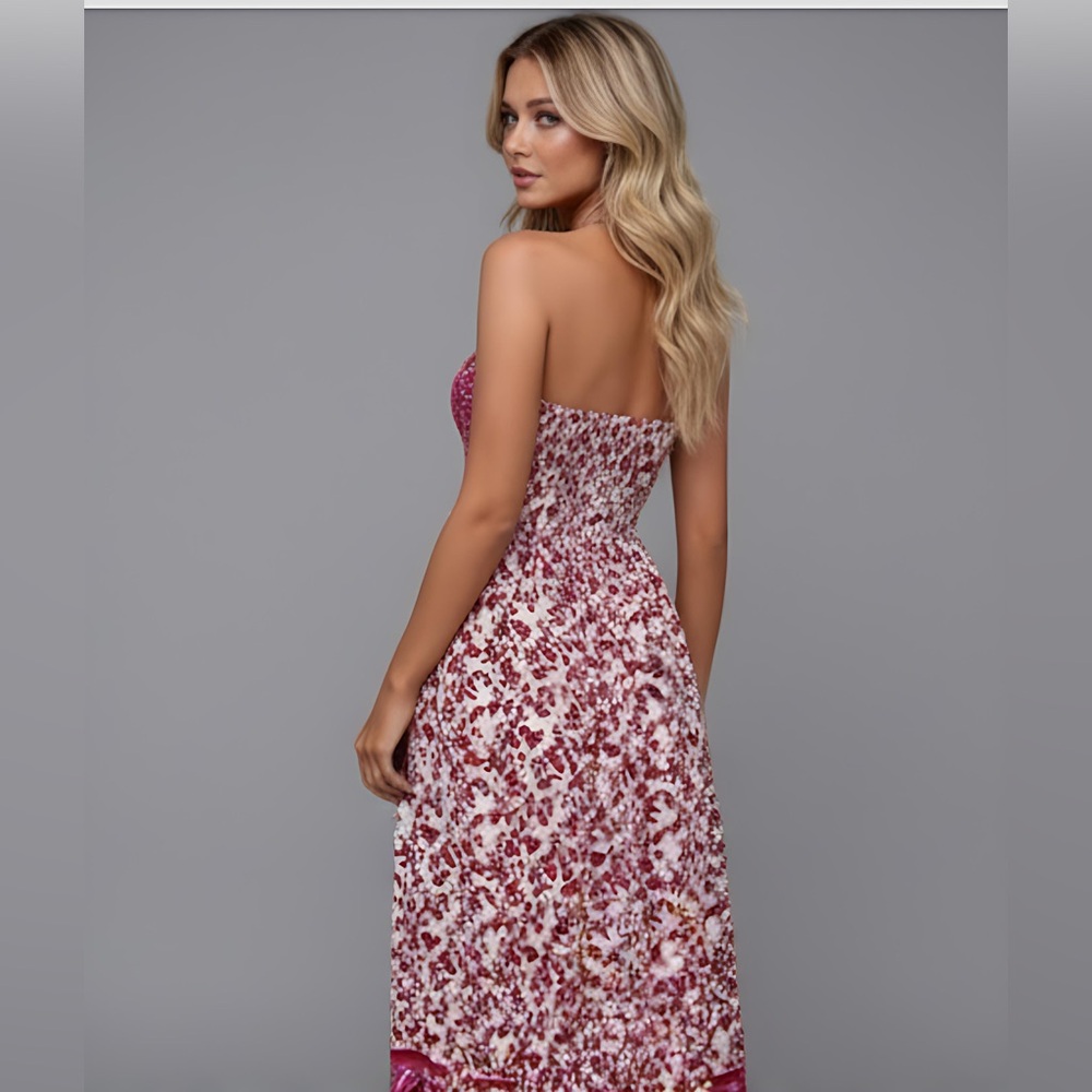 LAST ONE 🔥 Red/Pink  Boho Floral Print Tube Dress - Picture 3 of 10